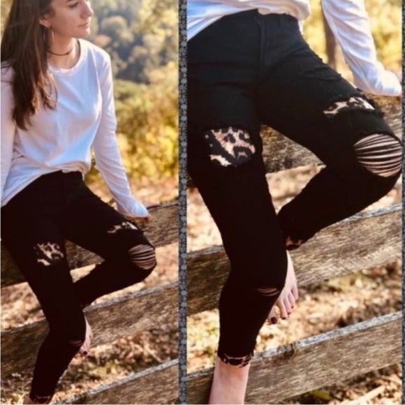 KanCan Denim - KanCan Jeans Womens Black Cheetah Print Cuff Distressed Black Ankle Jeans Size 5